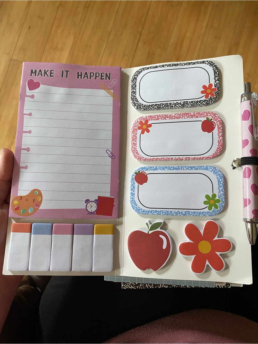 Make It Happen Pink Sticky Note & Pen Set six count